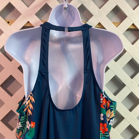 Denim & Co. Beach H-Back Halter Print Blocked One Piece Swimsuit Mallard Blue - Picture 6 of 7